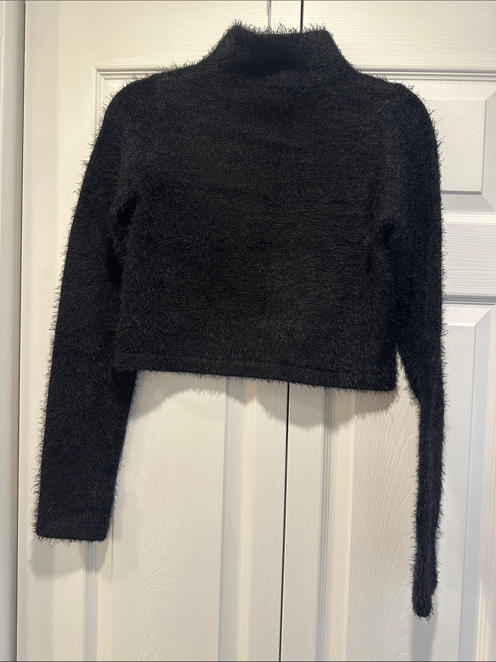 Black Fuzzy Cropped Turtleneck Sweater with Orange Pumpkin Graphic - Picture 2 of 4